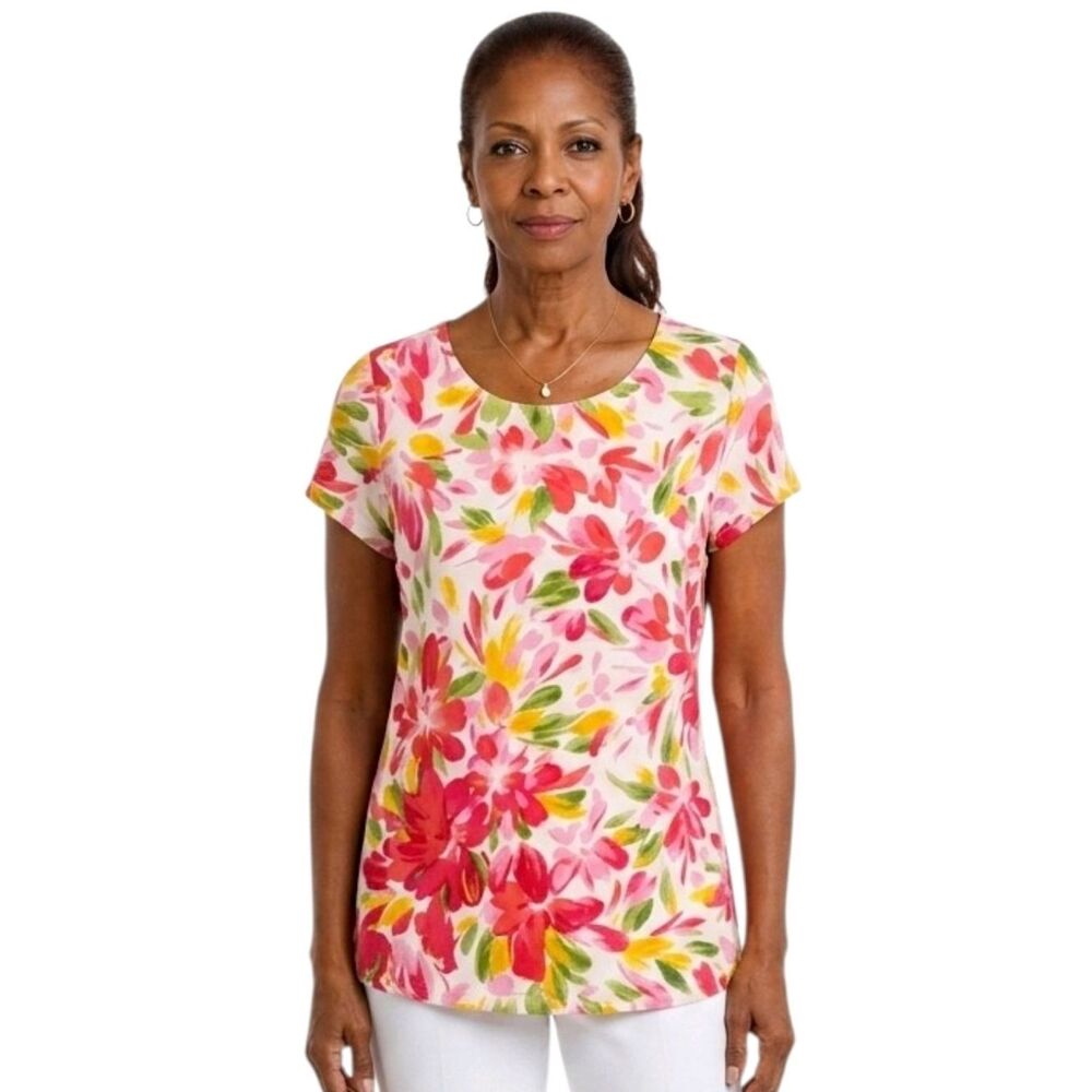 CB Pink Floral Scoop Neck Short Sleeve Slub T-shirt Size L